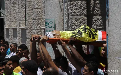 Mourners carry the body of Palestinian youth Yousef Abu Zagha, 20, during his funeral at the Jenin refugee camp, in Jenin, West Bank, 01 July 2014. Media reports citing locals and medics reports state the Israeli forces...