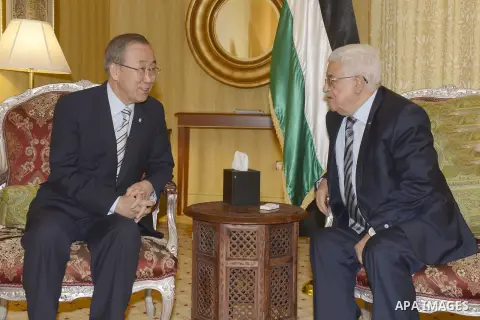 Palestinian President, Mahmoud Abbas (Abu Mazen) meets with UN Secretary-General, Ban Ki-moon, in Doha, Qatar, on July 20, 2014. Photo by Thaer Ganaim