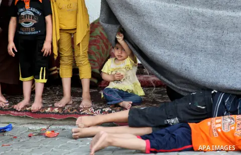 A displaced Palestinian boy stands behidn blankets serving as a separation curtain for his family on July 23, 2014 at a UN school in the northern Gaza Strip refugee camp of Jabalia where displaced families have taken ref...