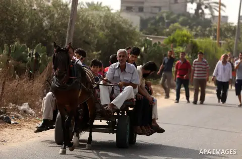 Palestinian families leave their neighborhood to a safer location as Israel's army continues shelling the area of Khan Yunis, in the southern Gaza Strip, on July 24, 2014. Seven Palestinians were killed in a series of st...