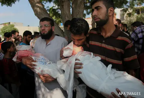 Palestinians bury the bodies of two Palestinian boys Abdulrahamn Abed al-Nabi, 1, and Hadi Abed al-Nabi, 3, who medics said were killed in an Israeli air strike, during their funeral at a cemetery in the northern Gaza St...