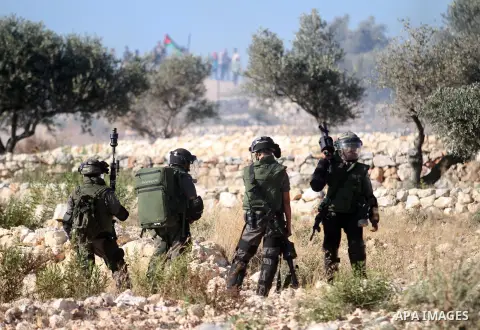 Palestinian protesters run for cover from tear-gas during clashes with Israeli soldiers following a demonstration in the West Bank village of Bilin, on July 31, 2014, in support of Palestinians from the Gaza Strip. Israe...