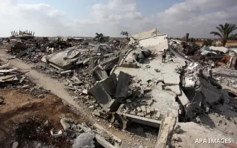 Palestinians inspect their destroyed houses, which witnesses said were damaged during the Israeli offensive, on the fourth day of a five-day ceasefire in Johr El-Deek village near the central Gaza Strip August 17, 2014....
