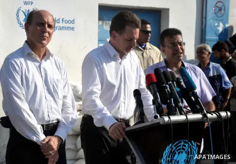 Pierre Krähenbühl, the Commissioner General for the UN Relief and Works Agency for Palestine Refugees, speaks to media after inspecting a United Nations food distribution centre, in Gaza city on August 17, 2014. Pierre K...