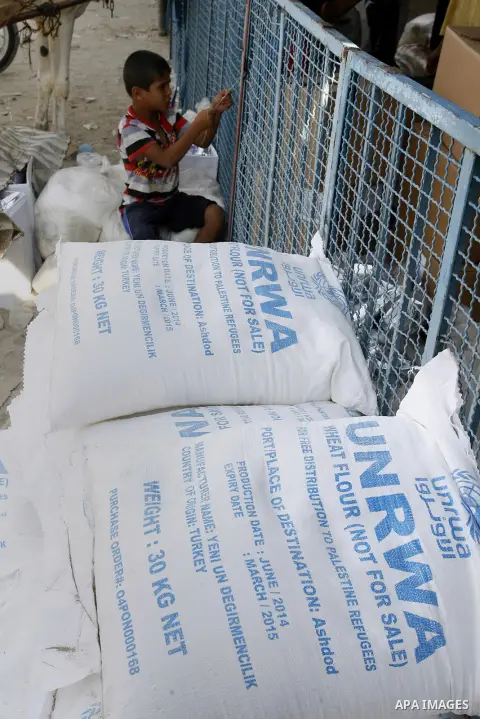 A Palestinian boy sits near bags of flour in centre of the United Nations Relief and Works Agency (UNRWA) in Rafah in southern Gaza strip on August 28, 2014. The aid was sent to the U.N. office to be distributed in the G...