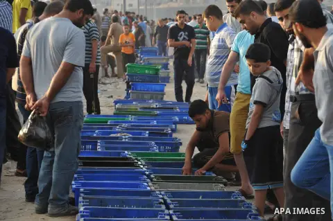 A Palestinian fisherman sells fish at Gaza's seaport in Gaza City early on August 29, 2014. Israel and Hamas accepted an Egyptian proposal for a long-term ceasefire in war-torn Gaza on August 26 in a move to end 50 days...