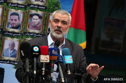 Palestinian top Hamas leader in Gaza, Ismail Haniyeh, speaks during a ceremony honoring to Journalists's families in Gaza city on 30 August 2014. An indefinite ceasefire to end seven weeks of fighting between Israel and...