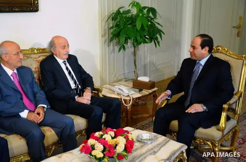 A handout photo made available by the Egyptian Presidency shows Egyptian President Abdel Fattah al-Sissi meets with Lebanese Druze leader and Lebanese Progressive Socialist Party (PSP) chairman Walid Jumblatt in Cairo, E...