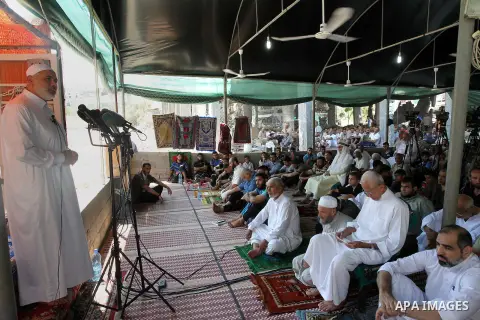 Senior leader of Hamas Ismail Haniyeh gives a speech during Friday prayer at Sousi mosque, in Shati refugee camp in Gaza City on Sep 05, 2014. Photo by Ahmed Shaat.