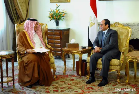 A handout photo made available by the Egyptian Presidency shows Egyptian President Abdel Fattah el-Sissi, meets with Saudi Foreign Minister Prince Saud al-Faisal at the presidential palace in Cairo, Egypt, Sunday, Sept....