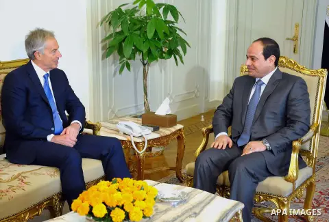 A handout photo made available by the Egyptian Presidency shows Egyptian President Abdel Fattah al-Sissi (R) meeting Envoy of the Middle East Quartet Tony Blair, Cairo, Egypt, 07 September 2014. According to media source...