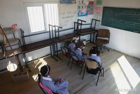 Palestinian Bedouin Students learn at Arab Al-Ka'abneh school in Al-Mu'arrajat area near the West Bank city of Jericho, on Sep. 08, 2014. Dozens of Palestinian children in the ramshackle Bedouin community outside Jerusal...