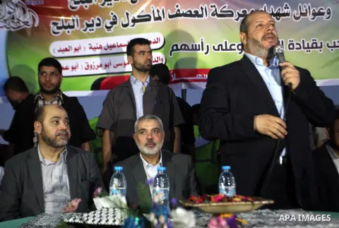 Senior leader of Hamas Ismail Haniyeh attends a public speech during his inspection visit to the Deir al-Balah in the central Gaza Strip, on September 10, 2014. Hamas's exiled deputy leader said Wednesday that indirect t...