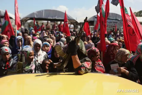 Palestinian militants from the Democratic Front for the Liberation of Palestine (DFLP) take part in a military show in Gaza City September 11, 2014. An open-ended ceasefire between Israel and Hamas-led Gaza militants, me...