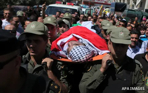 Palestinian security forces carry the body of Raed al-Jabari, 35, during his funeral in the West Bank city of Hebron, September 12, 2014. Al-Jabari died on Tuesday in Israel's Soroka Medical Center after Palestinian offi...