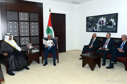 Palestinian President Mahmoud Abbas meets Kuwait's Minister of Foreign Affairs Sheikh Sabah al Khalid al Sabah, in the West Bank city of Ramallah September 14, 2014. Photo by Thaer Ganaim