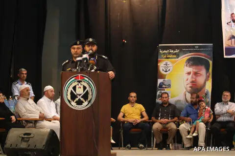 Palestinian police chief in the Gaza Strip, Tayseer Al-Batsh's speaks during a ceremony to honor his relatives who were killed by Israel during the summer's fierce offensive, in Gaza city on Sep. 30, 2014. An open-ended...