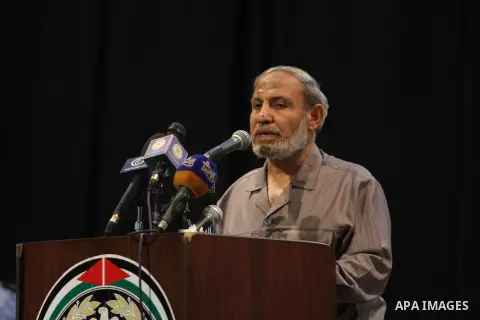 Senior Hamas leader Mahmoud Al-Zahar speaks during a ceremony to honor the relatives of Palestinian police who were killed in the Israeli offensive in Gaza city on September 30, 2014. An open-ended ceasefire between Isra...