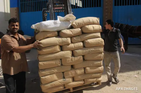 Palestinian workers carry bags of cement as Palestinians, whose houses were partially damaged by what witnesses said was Israeli shelling during the most recent conflict between Israel and Hamas, wait to receive cement o...