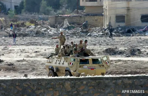 Egyptian soldiers take part in a military operation in the Egyptian city of Rafah, near the border with the southern Gaza Strip on Nov. 01, 2014, as Egypt began setting up a buffer zone along the border with the Hamas-ru...