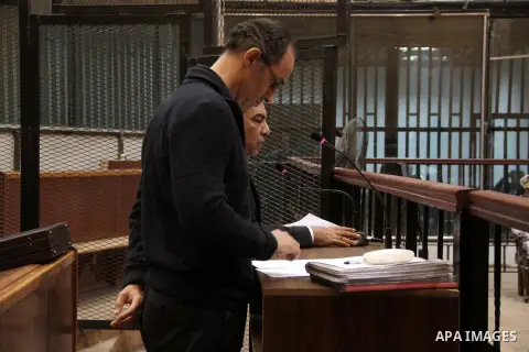 Gamal Mubarak, the son of former Egyptian President Hosni Mubarak, speaks to judge during his trial at the in the Police Academy courthouse, in Cairo November 13, 2014. The trial of Alaa and Gamal Mubarak, sons of the fo...
