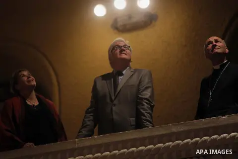 German Foreign Minister Frank-Walter Steinmeier takes part in a visit of the Augusta Victoria Lutheran church in East Jerusalem on November 15, 2014. Steinmeier, who held talks in the West Bank town of Ramallah with Pale...