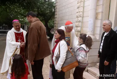 Vincent Gerard Nichols, Archbishop of Westminster, arrives at Deir al-Laten Church in Gaza City, on Nov. 23, 2014. Photo by Mohammed Asad