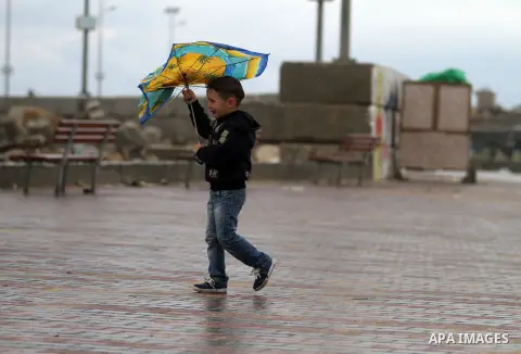A Palestinian boy holds an umbrella during a rainy day, on the beach in Gaza city November 24, 2014. Photo by Yasser Qudih