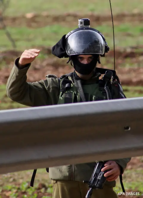 Israeli soldiers patrol the streets at al-Sawiya village near the West Bank city of Nablus, on Dec. 03, 2014. Israeli soldiers Prevented Palestinian students of schoolchildren from al-Lubban and al-Sawiya villages entry...