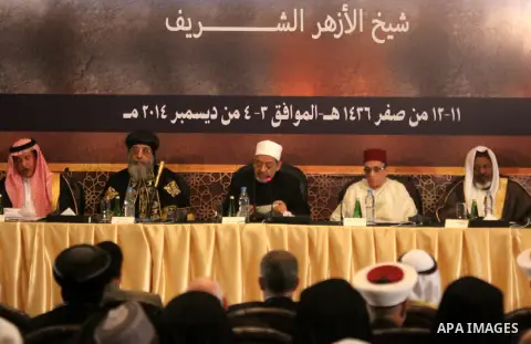 Muslim scholars and popes of eastern churches attend the conference "Azhar in the face of terrorism and extremism" in Cairo, December 3, 2014. Grand Imam of Egypt s al-Azhar Institution Ahmed al-Tayeb addressed a two-day...