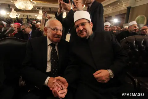 Muslim scholars and popes of eastern churches attend the conference "Azhar in the face of terrorism and extremism" in Cairo, December 3, 2014. Grand Imam of Egypt s al-Azhar Institution Ahmed al-Tayeb addressed a two-day...