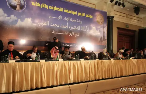 Muslim scholars and popes of eastern churches attend the conference "Azhar in the face of terrorism and extremism" in Cairo, December 3, 2014. Grand Imam of Egypt s al-Azhar Institution Ahmed al-Tayeb addressed a two-day...