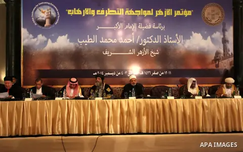 Muslim scholars and popes of eastern churches attend the conference "Azhar in the face of terrorism and extremism" in Cairo, December 3, 2014. Grand Imam of Egypt s al-Azhar Institution Ahmed al-Tayeb addressed a two-day...