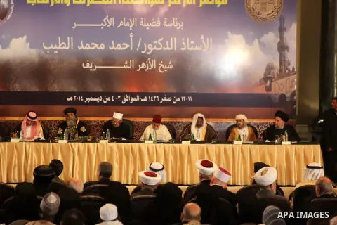 Muslim scholars and popes of eastern churches attend the conference "Azhar in the face of terrorism and extremism" in Cairo, December 3, 2014. Grand Imam of Egypt s al-Azhar Institution Ahmed al-Tayeb addressed a two-day...