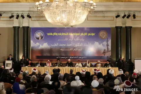 Muslim scholars and popes of eastern churches attend the conference "Azhar in the face of terrorism and extremism" in Cairo, December 3, 2014. Grand Imam of Egypt s al-Azhar Institution Ahmed al-Tayeb addressed a two-day...