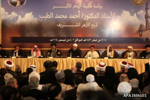 Muslim scholars and popes of eastern churches attend the conference "Azhar in the face of terrorism and extremism" in Cairo, December 3, 2014. Grand Imam of Egypt s al-Azhar Institution Ahmed al-Tayeb addressed a two-day...