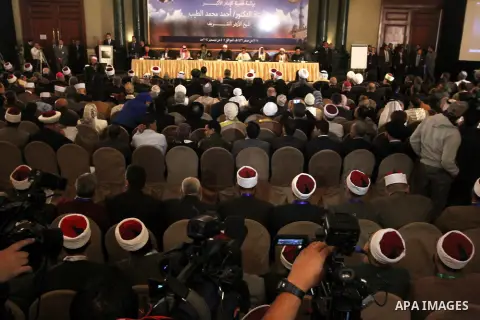 Muslim scholars and popes of eastern churches attend the conference "Azhar in the face of terrorism and extremism" in Cairo, December 3, 2014. Grand Imam of Egypt s al-Azhar Institution Ahmed al-Tayeb addressed a two-day...