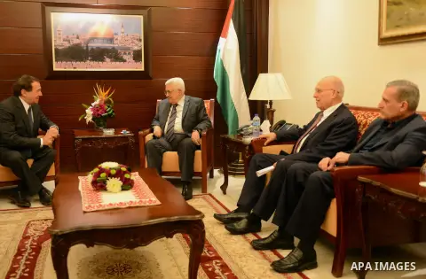 Palestinian President, Mahmoud Abbas (Abu Mazen) meets with the Socialist International Secretary General, Luis Eyal, in the West Bank city of Ramallah, December 6, 2014. Photo by Thaer Ganaim