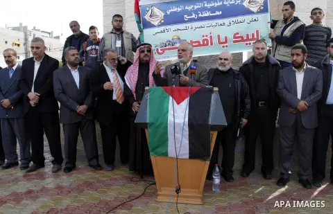 Palestinians take part in a rally in solidarity with al-Aqsa mosque in Jerusalem organised by Palestinian security forces, in Rafah in the southern Gaza Strip, December 11, 2014. Photo by Abed Rahim Khatib