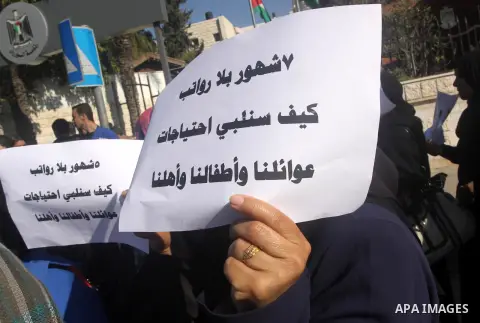 Palestinian cleaners hold banners during a protest to demand their salaries, in Gaza City December 16, 2014. Photo by Mohammed Asad