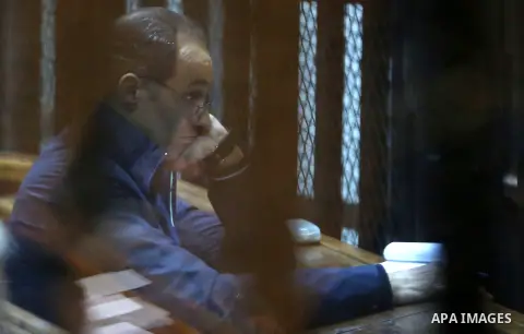 Gamal Mubarak, the son of former president Hosni Mubarak sits in a courtroom cage in Cairo, December 18, 2014. The two sons of Egypt's former president were back in court facing charges of stock market manipulation. Phot...