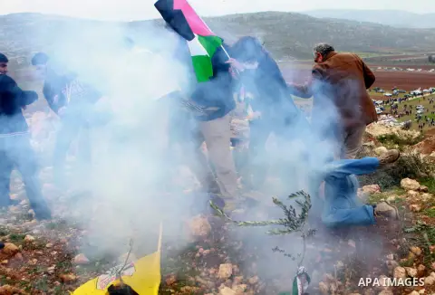 Palestinian Protesters run away from tear gas fired by Israeli troops during clashes following a demonstration against Israeli settlements in the West Bank village of Turmus Aya, near Ramallah December 19, 2014. Photo by...