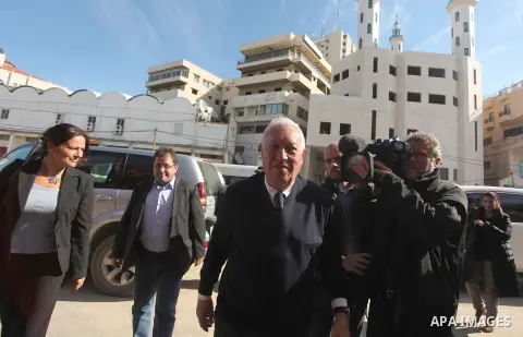 Spanish Foreign Minister, Jose Manuel Garcia-Margallo visits a Gaza city during his tour to the Middle East on 13 January 2014. Margallo visits the Middle East to strengthen bilateral relations with countries in the regi...