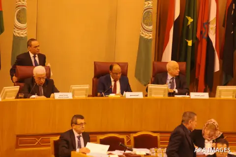 Palestinian President Mahmoud Abbas gives a speech during an Arab foreign ministers urgent meeting at the Arab League headquarters on January 15, 2015, to discuss the Palestinian-Israeli conflict and the situation in Lib...