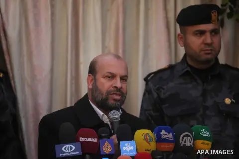 Palestinian undersecretary of the Interior Ministry, Kamel Abu Madi speaks during a parade marking the sixth anniversary of the death of former Hamas interior minister Saeed Seyam, in Gaza City January 18, 2015. Seyam wa...