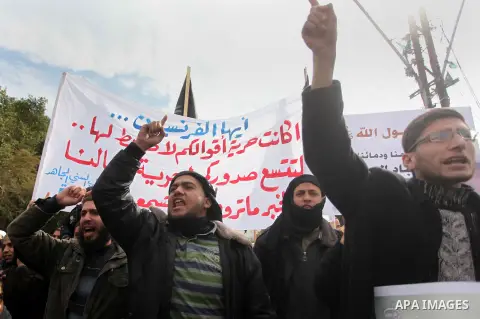 Palestinian Salafists shout during a protest against satirical French weekly magazine Charlie Hebdo's cartoons of the Prophet Mohammad, in Gaza city January 19, 2015. Dozens of Jihadist Salafi men rallied in Gaza on Mond...