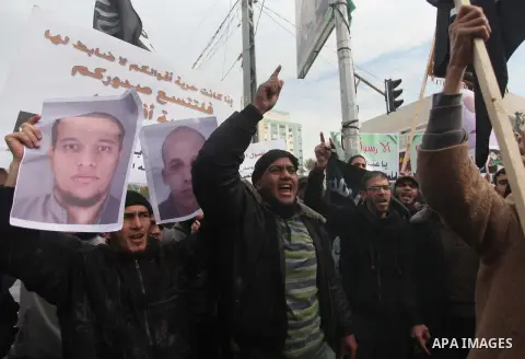 Palestinian Salafists shout during a protest against satirical French weekly magazine Charlie Hebdo's cartoons of the Prophet Mohammad, in Gaza city January 19, 2015. Dozens of Jihadist Salafi men rallied in Gaza on Mond...