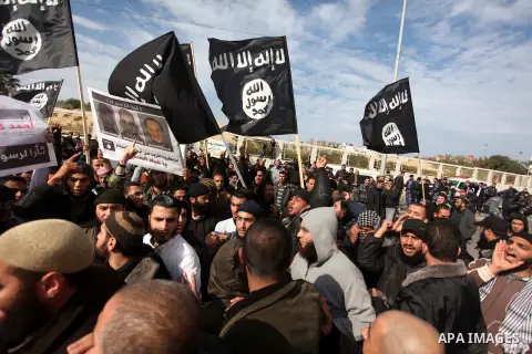 Palestinian Salafists take part in a protest against satirical French weekly magazine Charlie Hebdo's cartoons of the Prophet Mohammad, outside the French Cultural Centre in Gaza city January 19, 2015. Dozens of Jihadist...