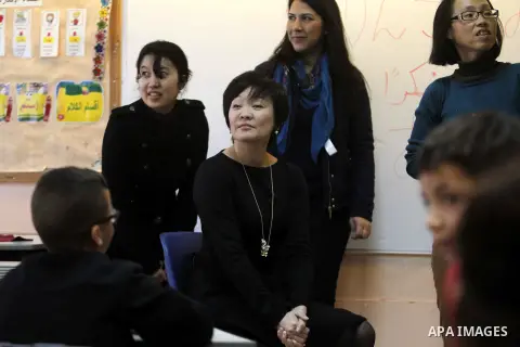 Akie Abe, the wife of Japan's Prime Minister Shinzo Abe, visits a the Hand in Hand Center for Jewish-Arab Education in Israel, in Jerusalem's mostly Arab neighborhood of Beit Safafa, on January 19, 2015 . Japanese Prime...