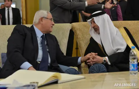 Ambassador of Saudi Arabia Ahmed Qattan with Interim President Adly Mansour attend a funeral of Saudi Arabia's King Abdullah at Saudi Arabia Embassy, in Cairo, on January 24, 2015. Saudi Arabia's elderly King Abdullah di...
